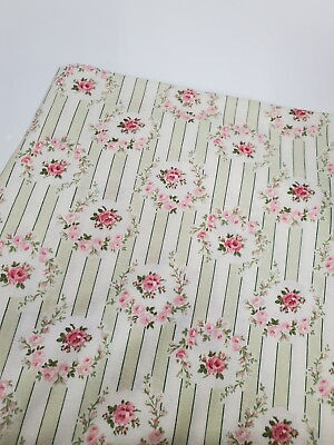 #ad Tanya Whelan Fabric Floral Green Stripe Cottage Cotton Sew Quilt Craft HALF YARD $10.90