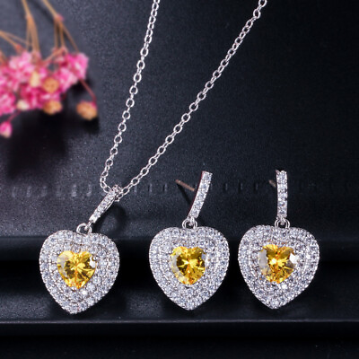 #ad Yellow Topaz CZ Lover Heart Necklace Dangle Earrings Silver Plated Jewelry Set $8.99