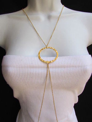 #ad WOMEN GOLD LONG STRAND THIN CHAINS METAL CLASSIC BODY JEWELRY NECKLACE BIG RING $9.99