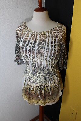 #ad Fred David Womens 3 4 Sleeve Top Medium Peplum Exotic Print Shirt Polyester $15.00