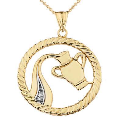 #ad 10k Yellow Gold Diamond Aquarius Zodiac In Rope Pendant Necklace $269.99