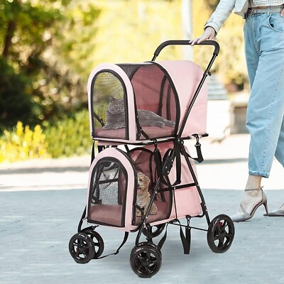 #ad LUCKYERMORE Double Dog Stroller Folding Pet Cat Carrier Travel Cage 4 Wheels $109.99