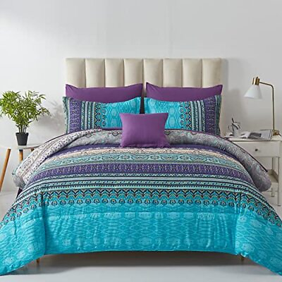 #ad Boho Comforter Set Size 8 Piece Bed in a Bag Bohemian Striped Bedding Full Aqua $85.15
