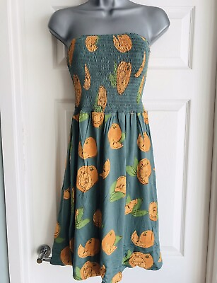 #ad Strapless Dress Zesty Orange Fruit Print Shirred Bandeau 8 10 12 14 16 18 22 GBP 16.19
