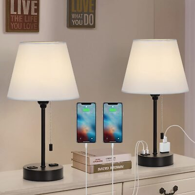 #ad Set of 2 Table Lamps Modern Bedroom Nightstand Desk Lamp w 2 USB Charging Ports $26.99