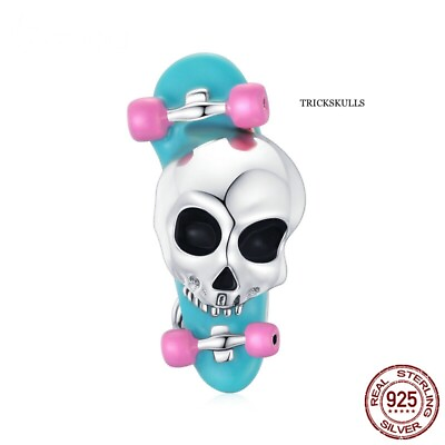 #ad 925 Sterling Silver Pastel Skater Skull Bead Charm amp; Stainless Box Chain Combo $18.00