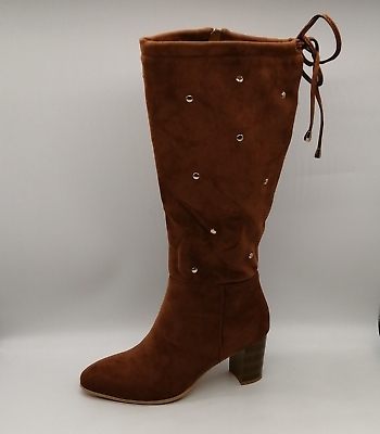 #ad Midnight Velvet Womens Boots Brown Faux Suede Side Zip Studs Block Heel 10 NEW $17.49