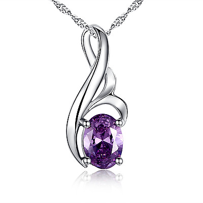 #ad Real 925 Sterling Silver Pendant Necklace Simulated Amethyst FEB Birthstone Oval $19.99