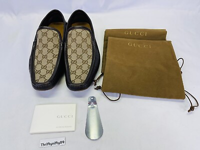 #ad Gucci 153991 Mens Brown Leather Canvas Monogram Driving Loafers Shoes 8.5 $275.00