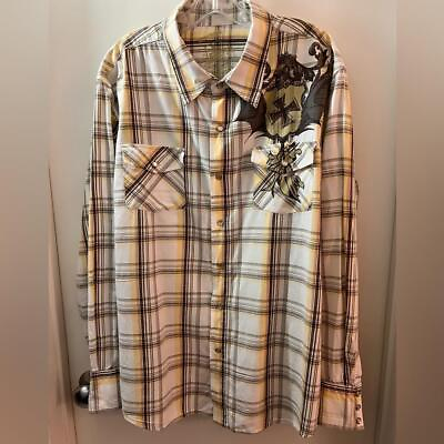 #ad Machine Mens Shirt Large Pearl Snap Plaid Graphic Pockets Long Sleeve Western $35.00