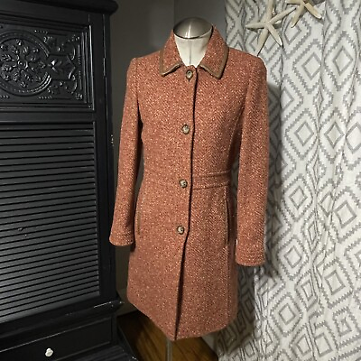#ad Coach Pink Herringbone Wool Tweed and Leather Trench Coat Size XS $300.00