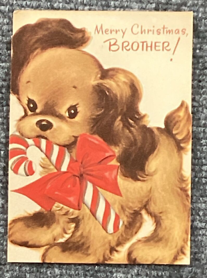 #ad Vintage Christmas Card Puppy Dog Candy Cane Embossed Glitter Brother Gibson $14.99