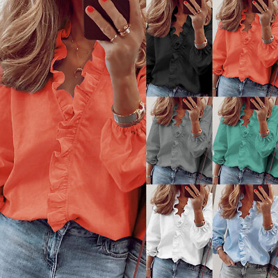 #ad Women Solid Ruffled V Neck T shirt Ladies Long Sleeve Casual Baggy Blouse Tops $16.59