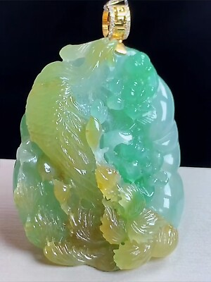 #ad 18K Yellow Gold Emerald Icy Yellow Green Jadeite Jade Pendant Phoenix 0413 $8075.00