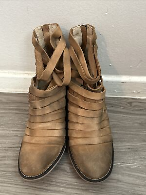 #ad Free People Hybrid Beige Tan Boot Block Heel Ankle Leather Strappy Size 38 US 8 $40.00