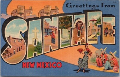 #ad SANTA FE New Mexico Large Letter Postcard State Capital Curteich Linen c1937 $5.59