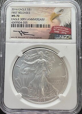 #ad 2016 Silver Eagle $1 Coin NGC MS 70 30th Anniversary John Mercanti Signed $174.99