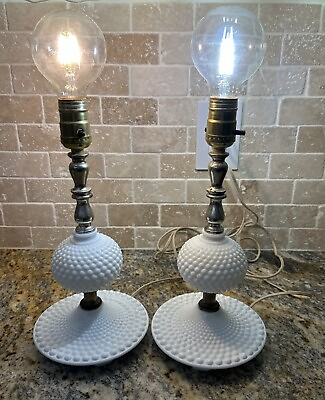 #ad Vintage White Milk Glass Hobnail Boudoir Table Electric Lamps Pair 12” $39.97
