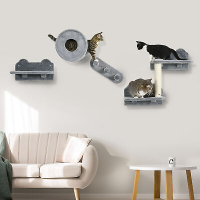 #ad PawHut Cat Wall Shelves with Condo Scratching Post Platforms 3 Steps Gray $50.99
