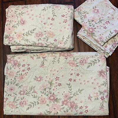 #ad Vtg. Dan River Pink Floral Double Fitted Sheet Set Pillow Cases Combed Cotton $23.38
