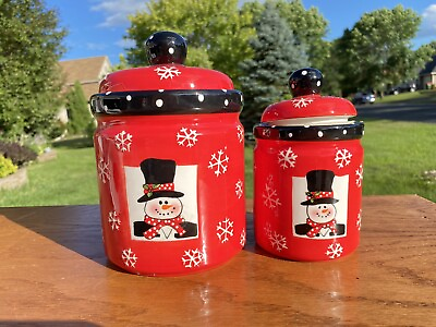 #ad RARE PAIR Ceramic Cookie Jar Canister Set Snowman amp; Snowflakes 8quot; GREAT GIFT $54.90