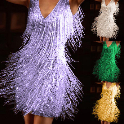 #ad Womens Glitter Fringe Tassel Bodycon Evening Cocktail Party Swing Mini Dress $27.39