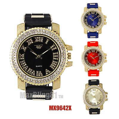 #ad Watch Bling Gold Plated Iced Icy Simulated Diamond Analog Silicone Band Hip Hop $18.99
