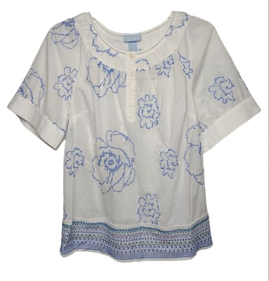#ad Liz amp; Me Embroidered Blouse 0X 14W White Blue $13.49