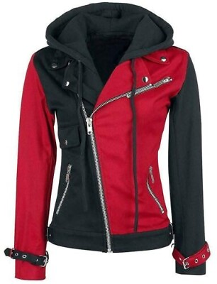 #ad Women#x27;s Psychotic Harley Quinn Red amp; Black Biker Cotton Hoodie Jacket $114.99