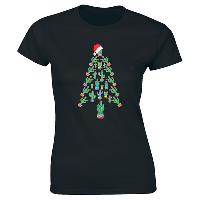 #ad Cactus Christmas Tree with Santa Hat T Shirt for Women Cute Holiday Tee Shirt $15.49