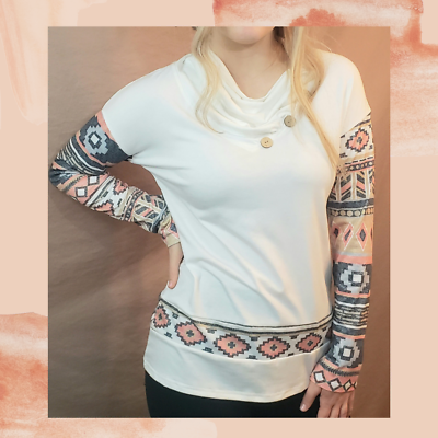 #ad Sedona Southwestern Long Sleeve Cowl Neck Button Detail Shirt Size Small $31.99