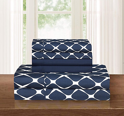 #ad New 6PCS Blue King Size Microfiber Soft Wrinkle Resistant Trellis Bed Sheet Sets $65.00