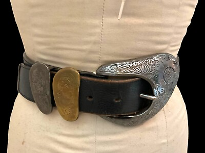 #ad STREETS AHEAD ARIEL LEATHER BELT w Engraved Buckle Set Size Small $210 $85.00