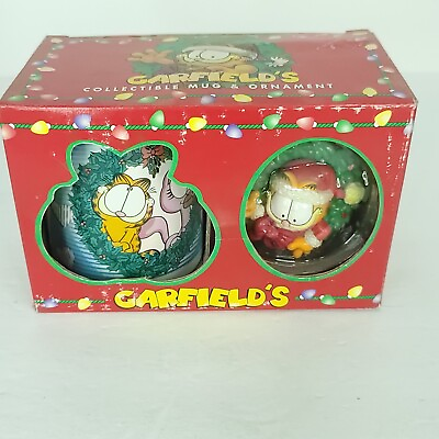 #ad Garfield Arlene Cat Collectible Coffee Mug Cup Merry Kissmas Ornament Set 1996 $25.49