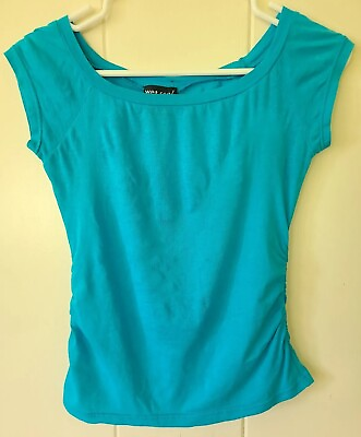 #ad Wet Seal Women#x27;s Jrs Sz S Cap Sleeve Tee Ruched Side Blue T Shirt Top $8.40