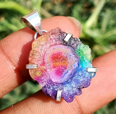 #ad Rainbow Solar Gemstone 925 Sterling Silver Plated Prong 1 PC Pendant Jewelry $6.15