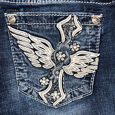 #ad Miss Me Jeans Womens 30 Embellished WIngs Cross Stone Wash Bootcut Strech Denim $42.88
