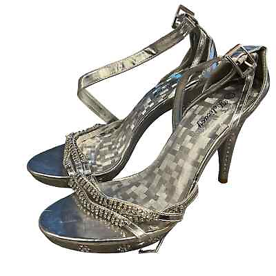 #ad Delicacy Womens Sz 10 Silver and Rhinestone Strappy High Heels Y2K $22.50