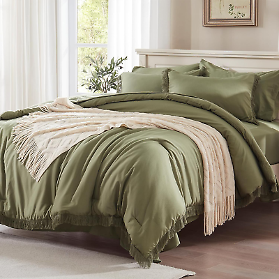 #ad Queen Comforter Set Olive Green Tassel Boho Bed in a Bag 7 Piece with Sheets Li $55.88