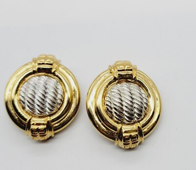 #ad Vintage GIVENCHY Couture CLASSIC Round Two Tone Silver Gold Clip Earrings Signed $89.10