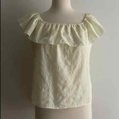 #ad Vintage 70s 80s Pastel Yellow Eyelet Lace Ruffle Top Peasant Blouse S C $25.00