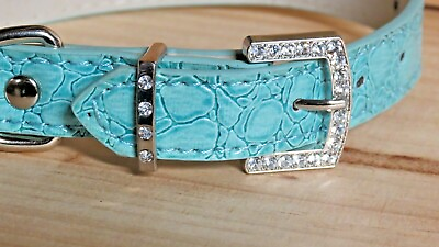 #ad Dog Collar NEW TEAL Embossed Faux Leather SMALL11 14 quot; Bling Diamond Buckle $7.22