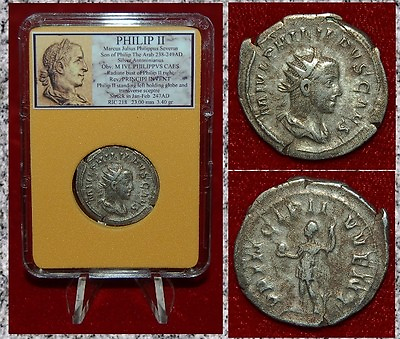 #ad Ancient Coin PHILIP II Standing On Reverse With Globe Silver Antoninianus Rare $90.37
