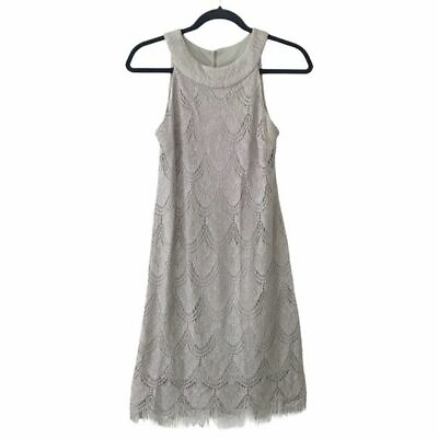#ad S.L. Fashions Tan Metallic Embroidered Knit Fringe Dress Size 8 Petite $35.00