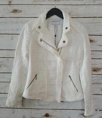#ad Carolina Belle White cotton faux Tweed raw hem Blazer Jacket Women#x27;s xs $58.00