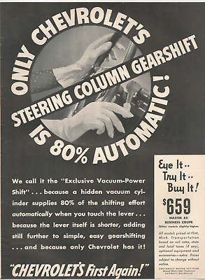 #ad 1940 Chevrolet First Again Steering Column Gearshift 80% Automatic Print Ad $9.99