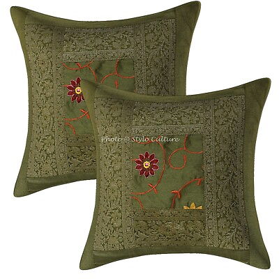 #ad Green Cushion Cover Embroidered Gypsy Handmade Ethnic Tribal Hippie Pillow $16.76