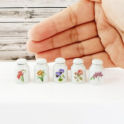 #ad Dollhouse Miniatures Ceramic Handmade Canister Botanic Flowers Kitchen Decor Set $29.99
