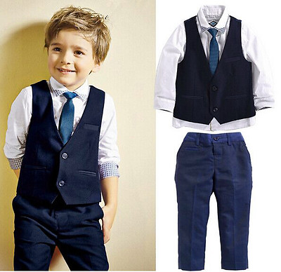 #ad 4PCS Baby Boys Dress Suit Vest Shirt Necktie Pants Set Kids Clothes Outfits $13.25