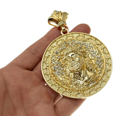 #ad 14k Gold Plated Huge Round Jesus Medallion Iced CZ Flooded Out Hip Hop Pendant $25.95